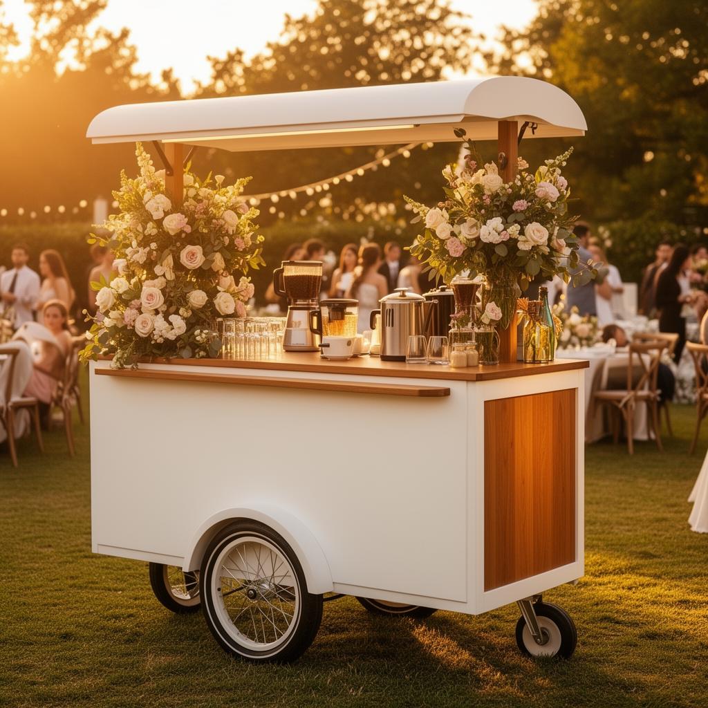 The Joyful Brew mobile coffee cart at golden hour with floral arrangements
