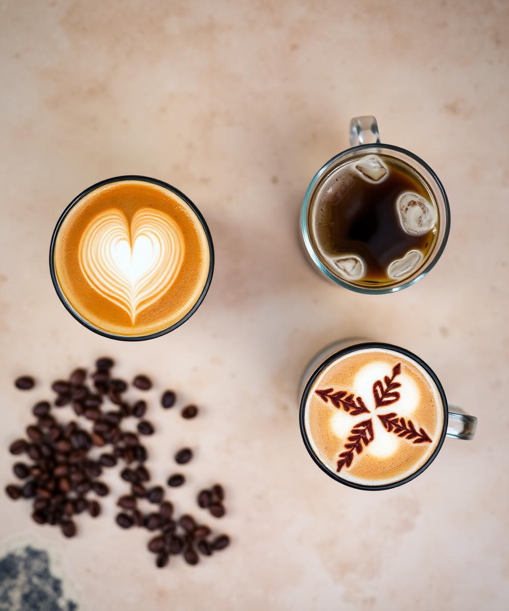 Three signature coffee drinks: latte with heart art, cold brew, and a snowflake cappuccino